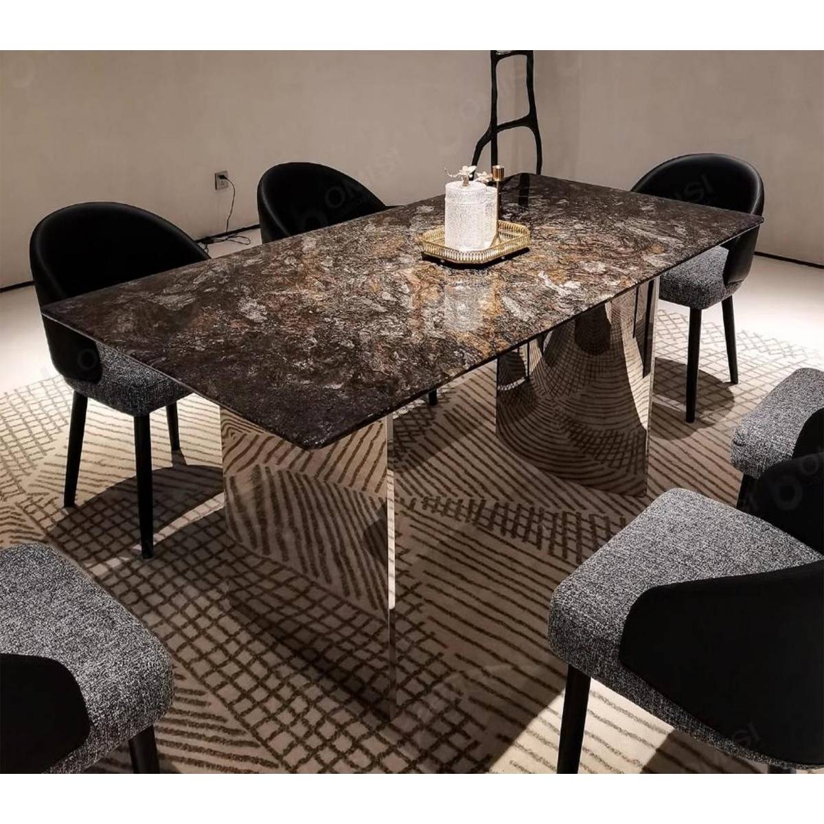 High angle view of Platinum Diamond marble dining table showing stone texture