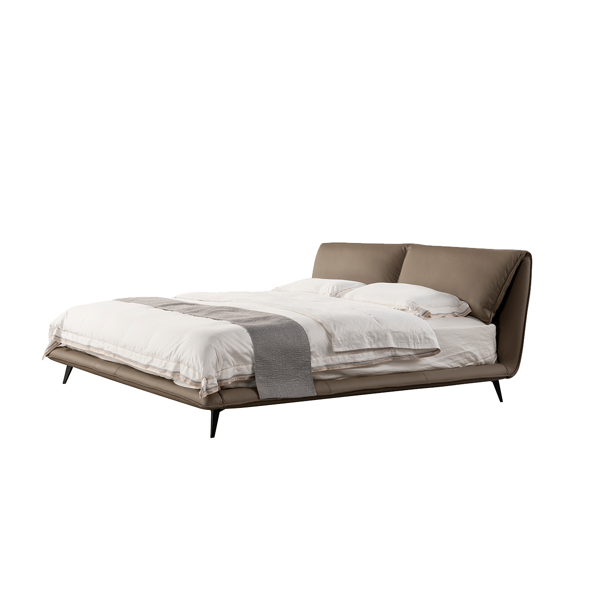 Side angle view of the brown leather bed against a white background showing the headboard and frame profile.