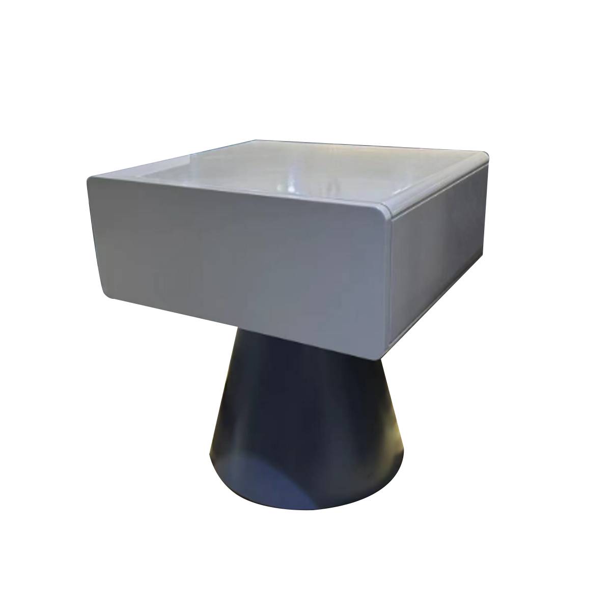 Angled view of the bedside table showing the painted top and conical base