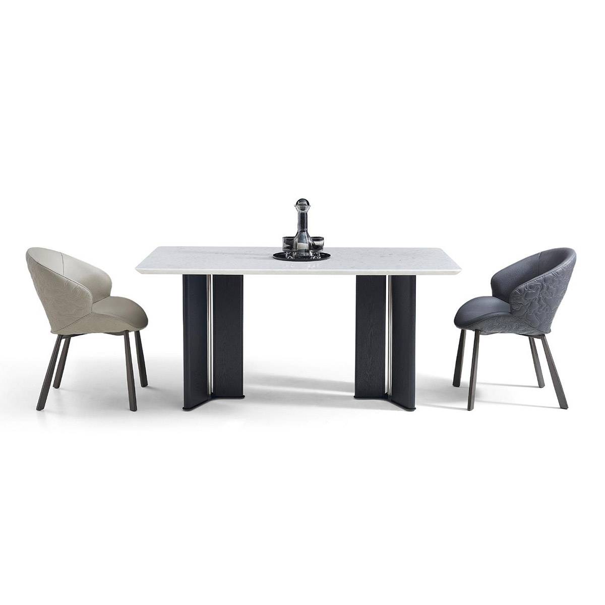 Front view of the dining table with two chairs