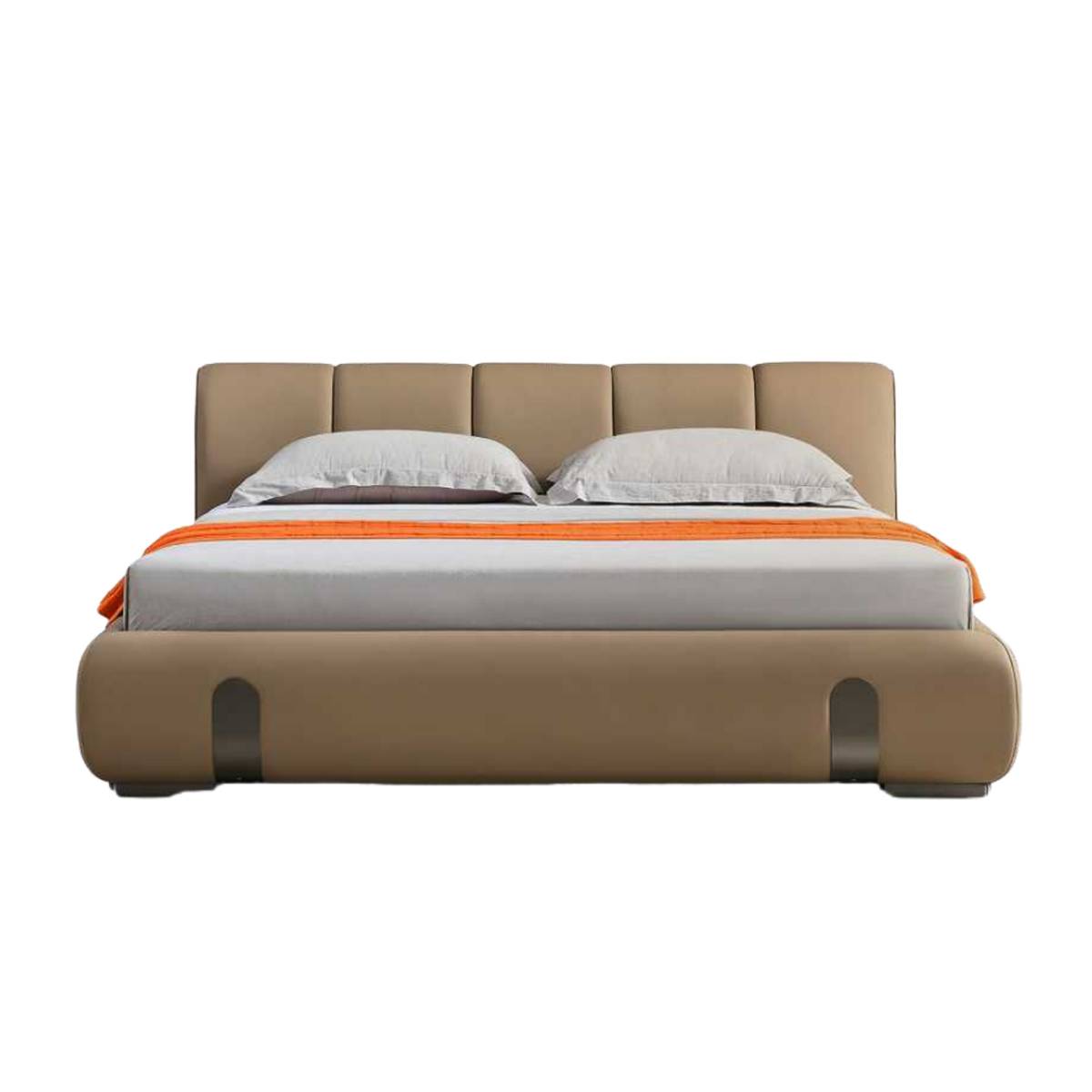 Front view of the beige leather bed showing the rounded frame and metal accents