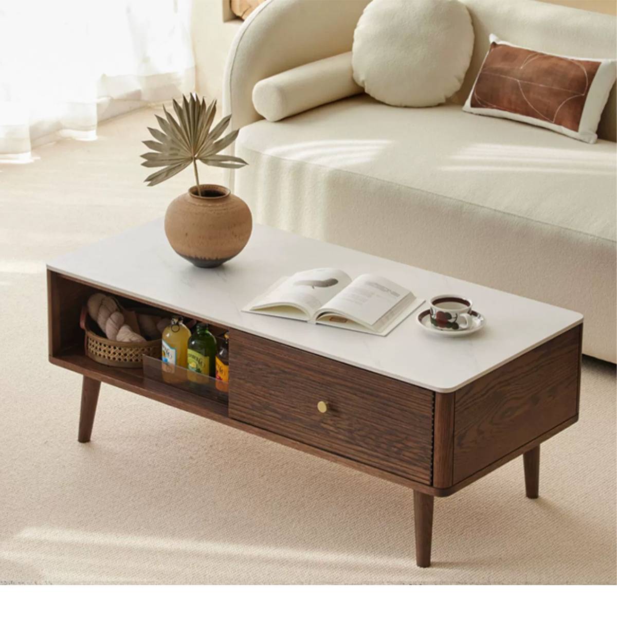 Angled view of the coffee table with decorative items