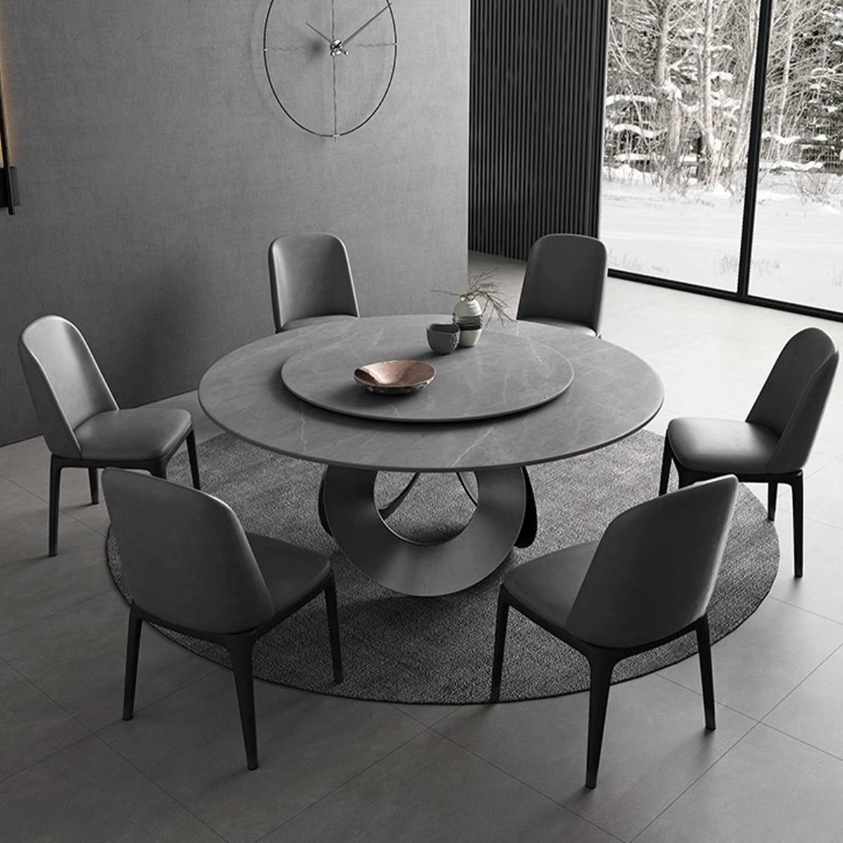 Close-up of the white marble sintered stone dining table with a black steel base