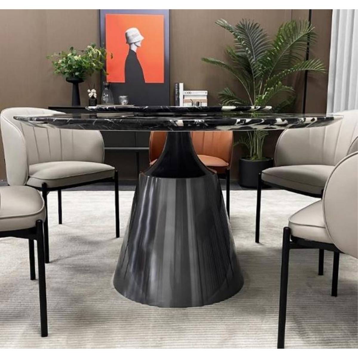 Side view of Bulgari Black marble round dining table showing bullet base detail