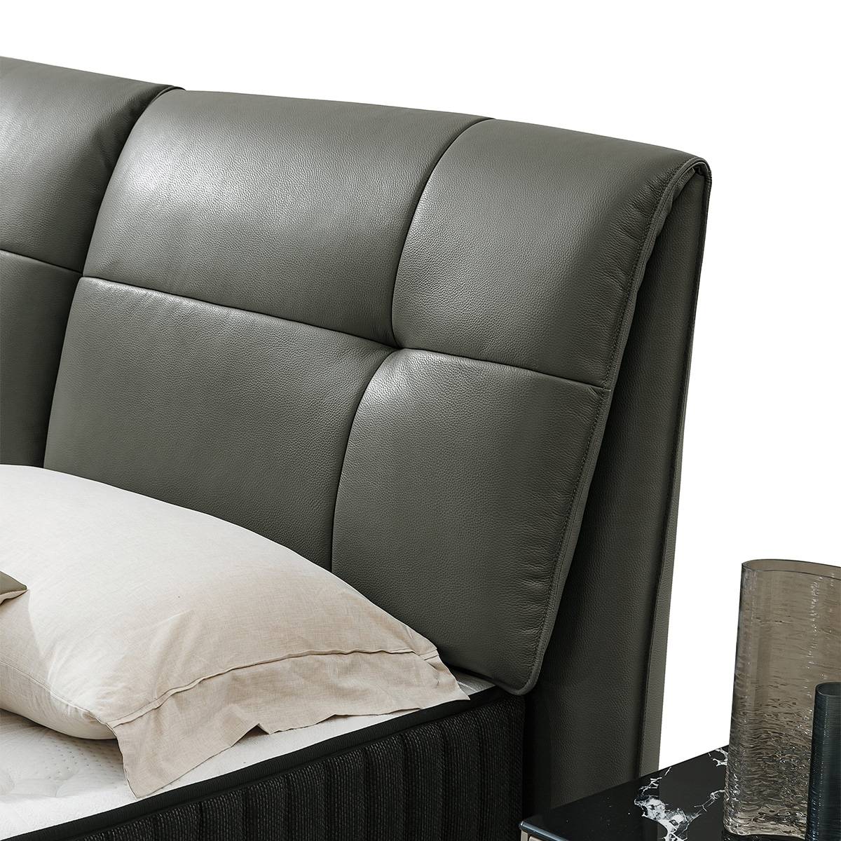 Close-up of the grey leather padded headboard of the B04 soft bed