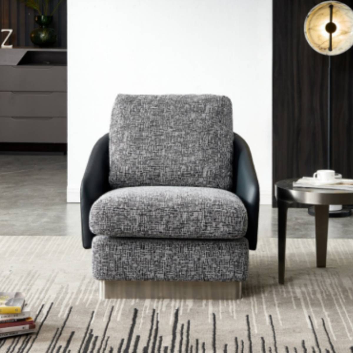 Front view of a grey and black lounge chair