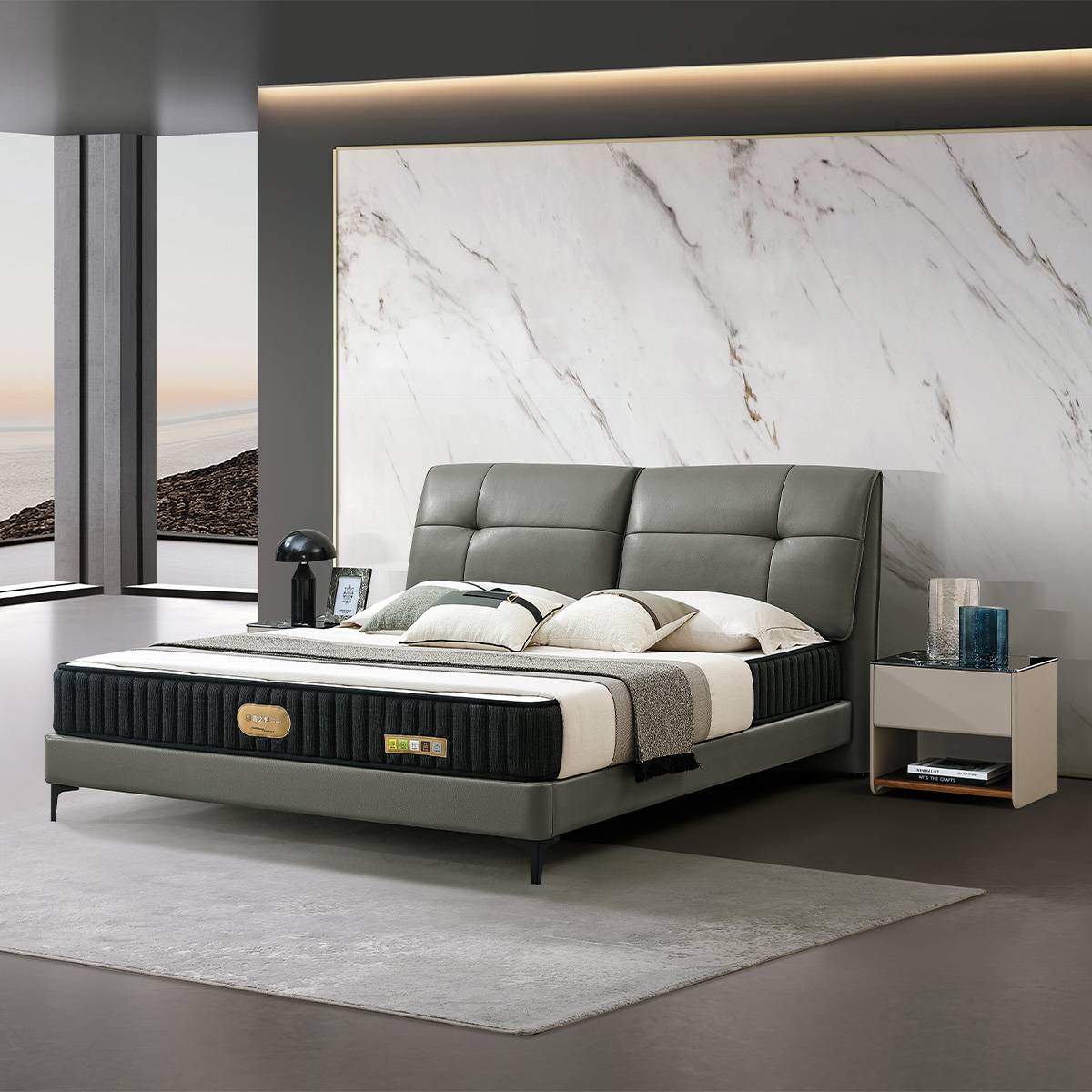 Full view of the grey leather soft bed in a modern bedroom setting