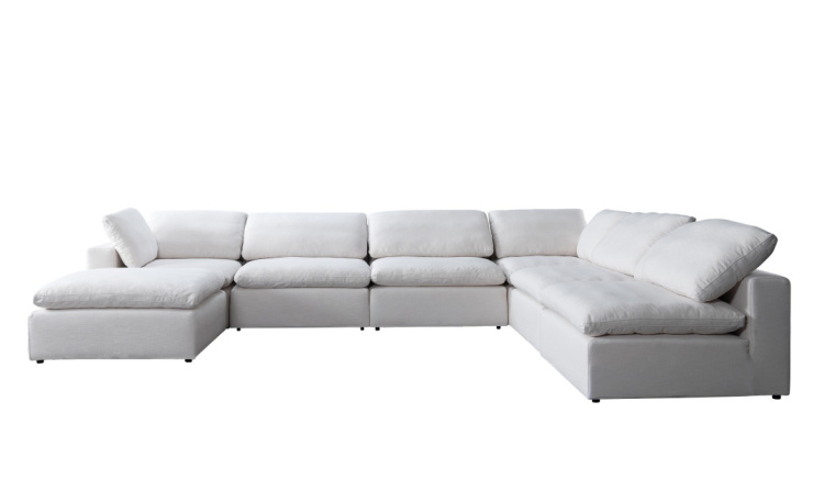 Side view of white fabric straight row sofa