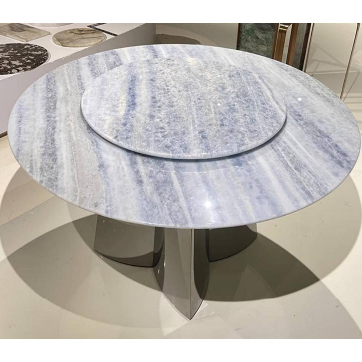 Blue Crystal Natural Marble Luxury Stone Round Dining Table with Stainless Steel Mirror Clover Base (Z60-S87)