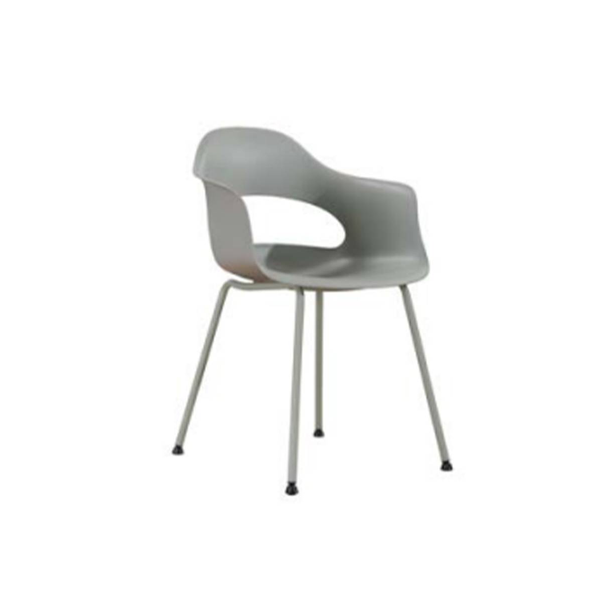 Side view of a grey modern chair with plastic shell and metal legs
