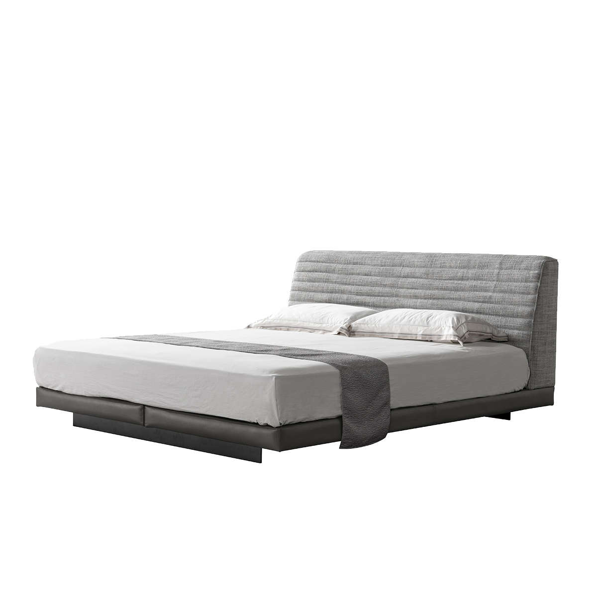 Side view of the Roger Bed with grey fabric headboard and dark base