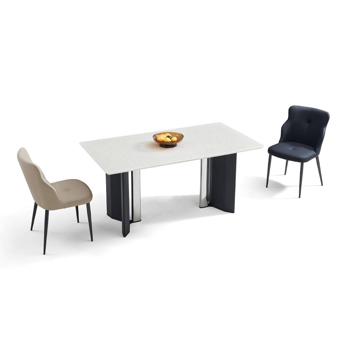 Dining table setup with beige and black chairs