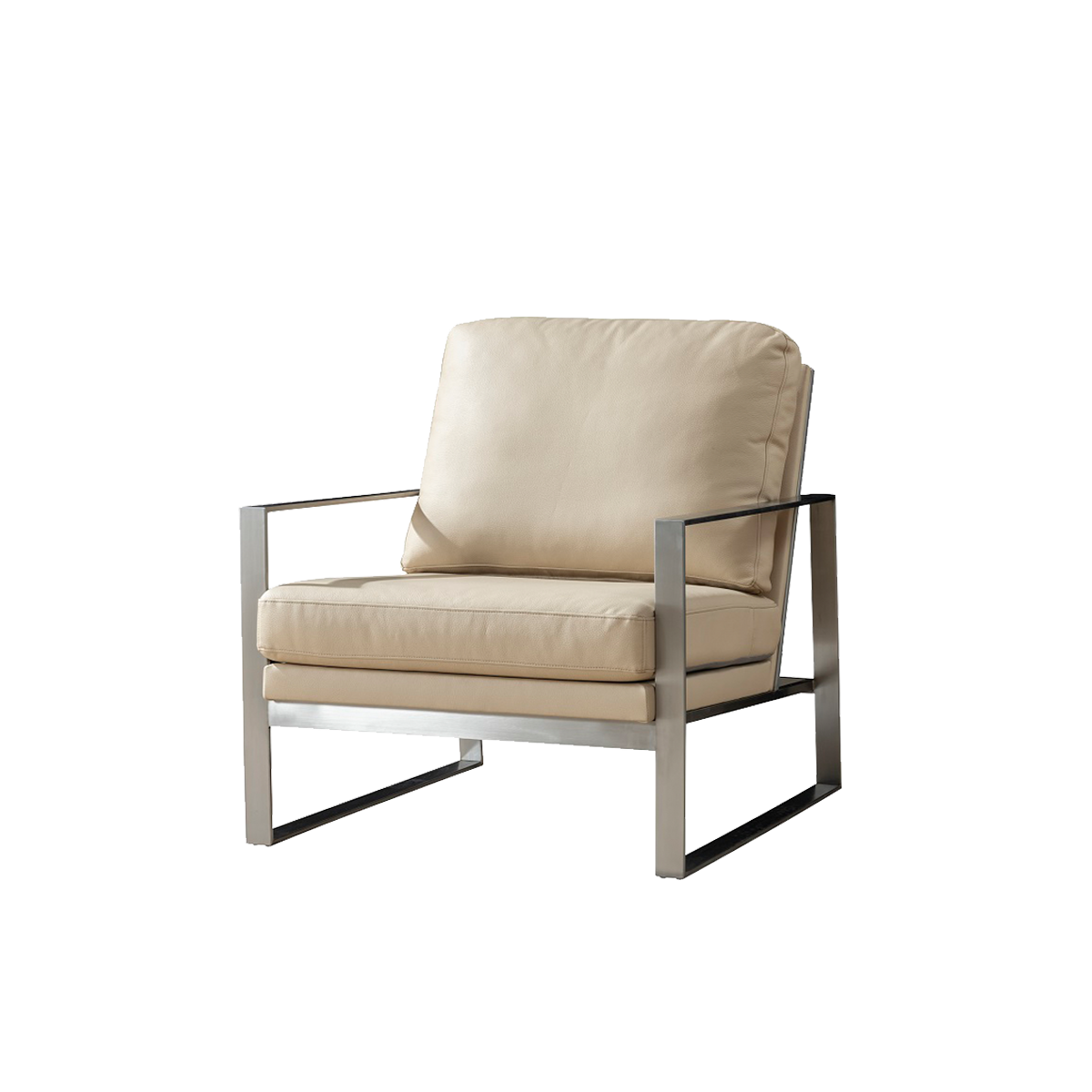 Beige leather lounge chair with stainless steel frame