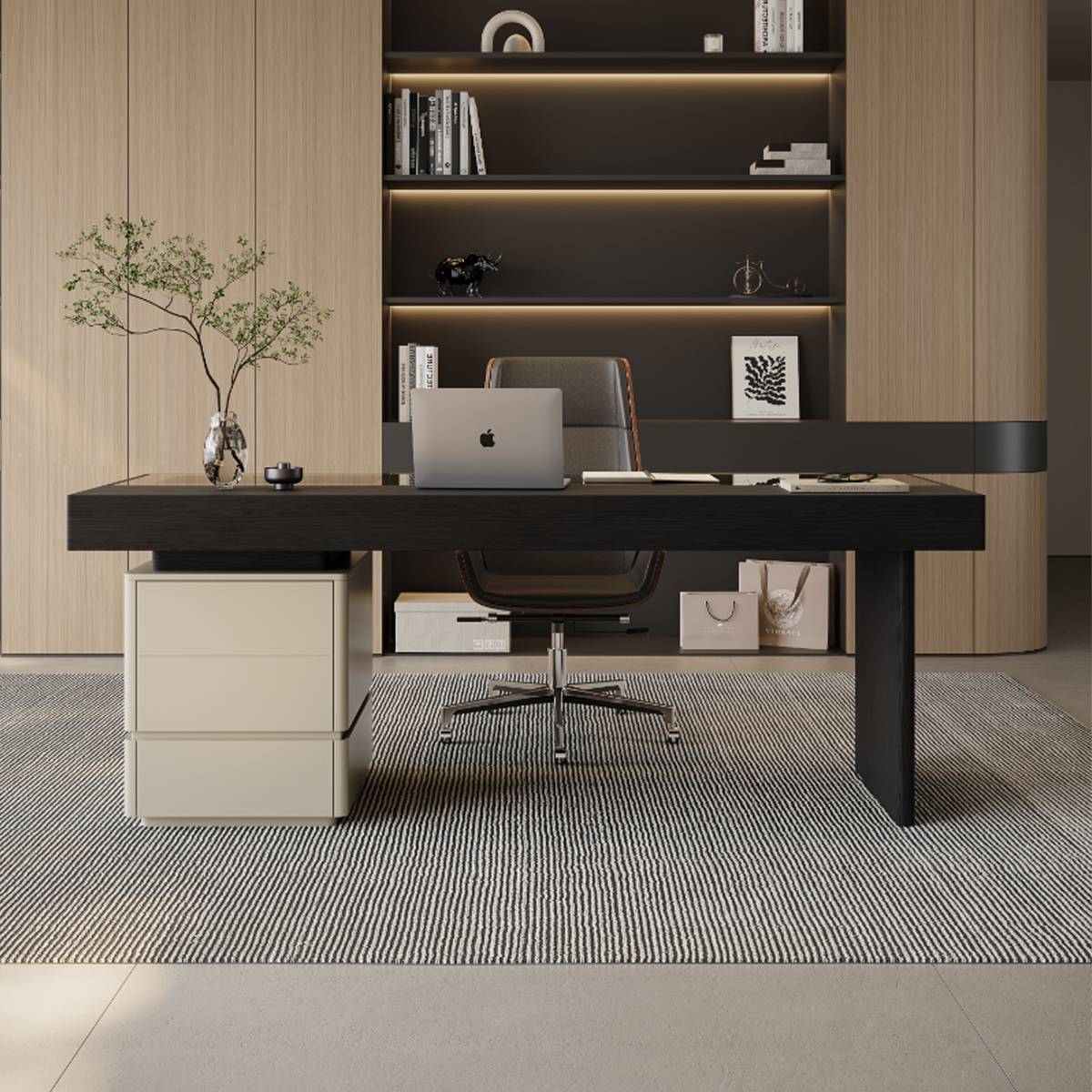 Front view of the black executive desk showing the integrated lighting and storage drawers.
