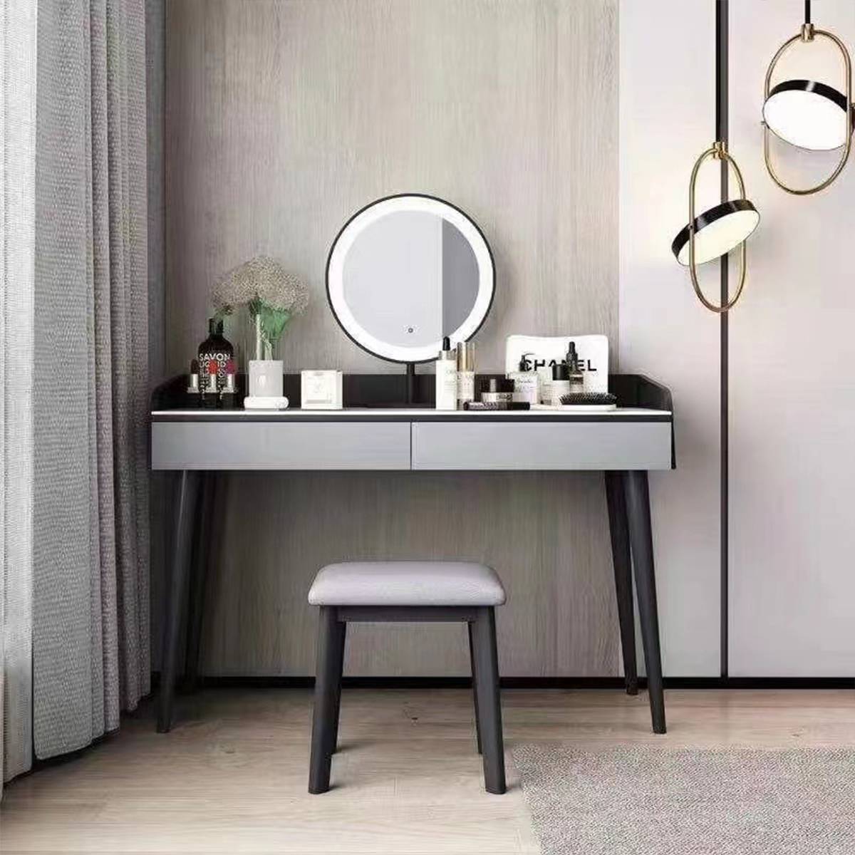 Light grey and black modern vanity table with stool