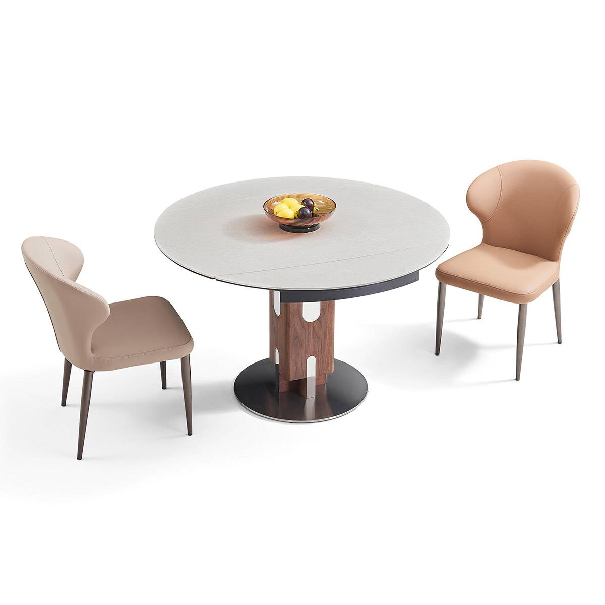 Angled view of the dining table in its extended 120cm width configuration.