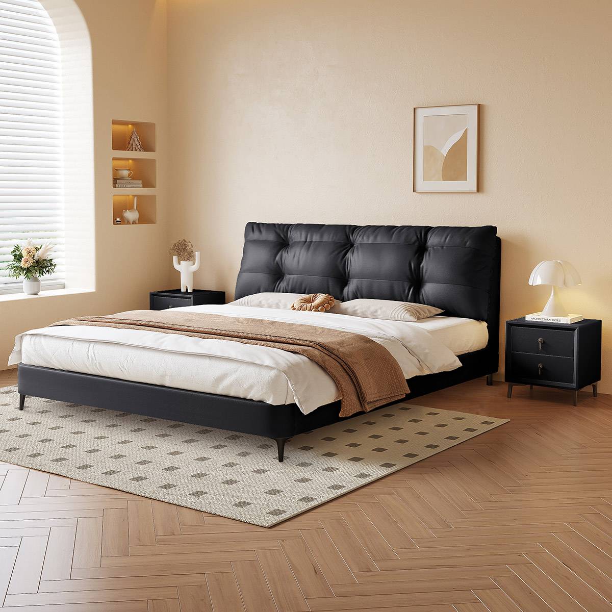 Black eco-leather tufted bed in a modern bedroom setting