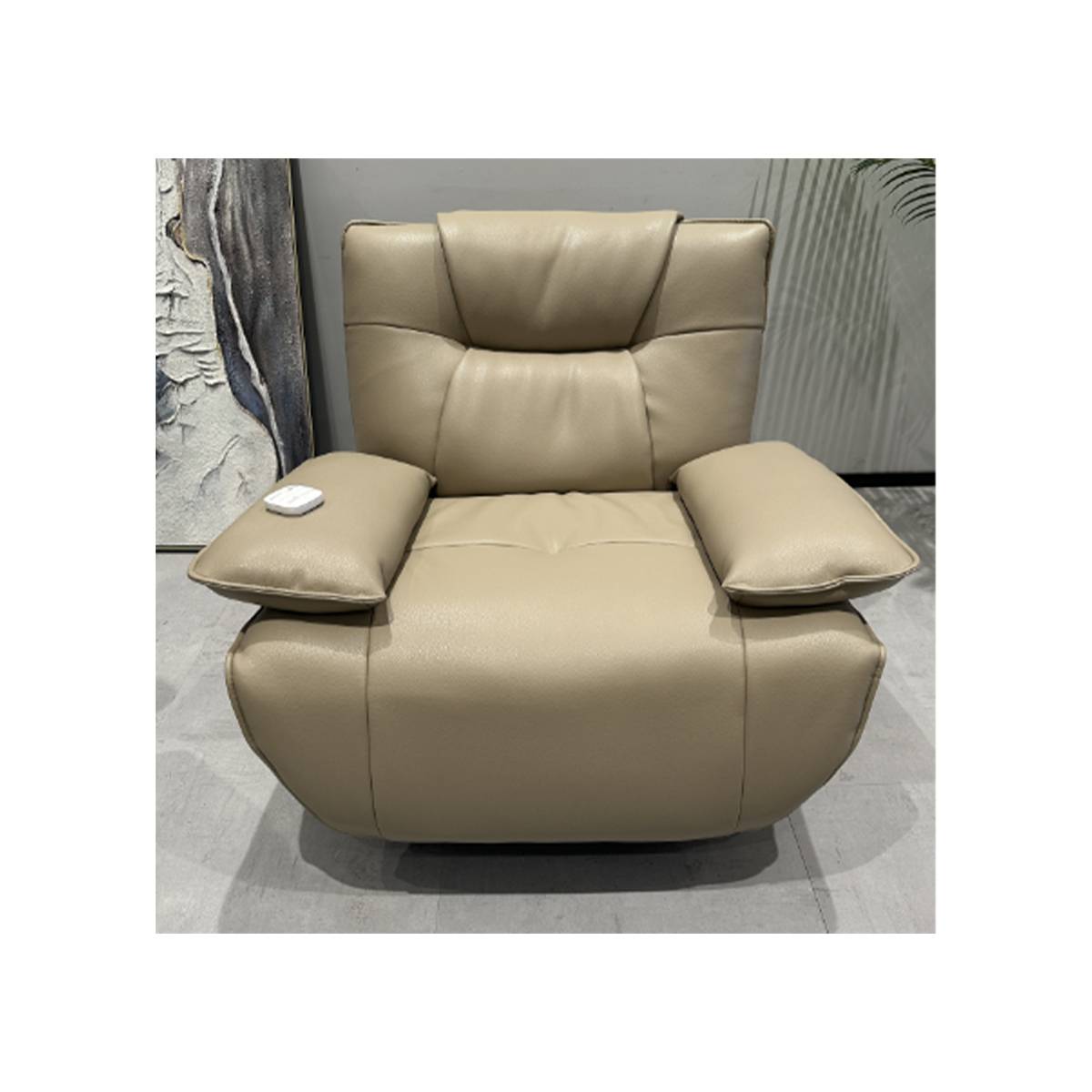 Front view of the beige massage recliner showing the armrests and seat cushion