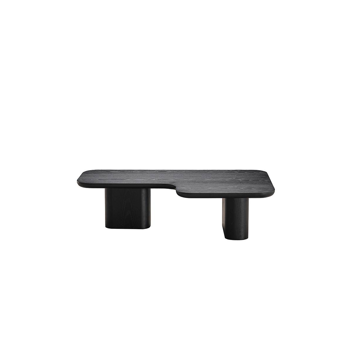 Front view of the black irregular coffee table showing the curved cutout and block legs