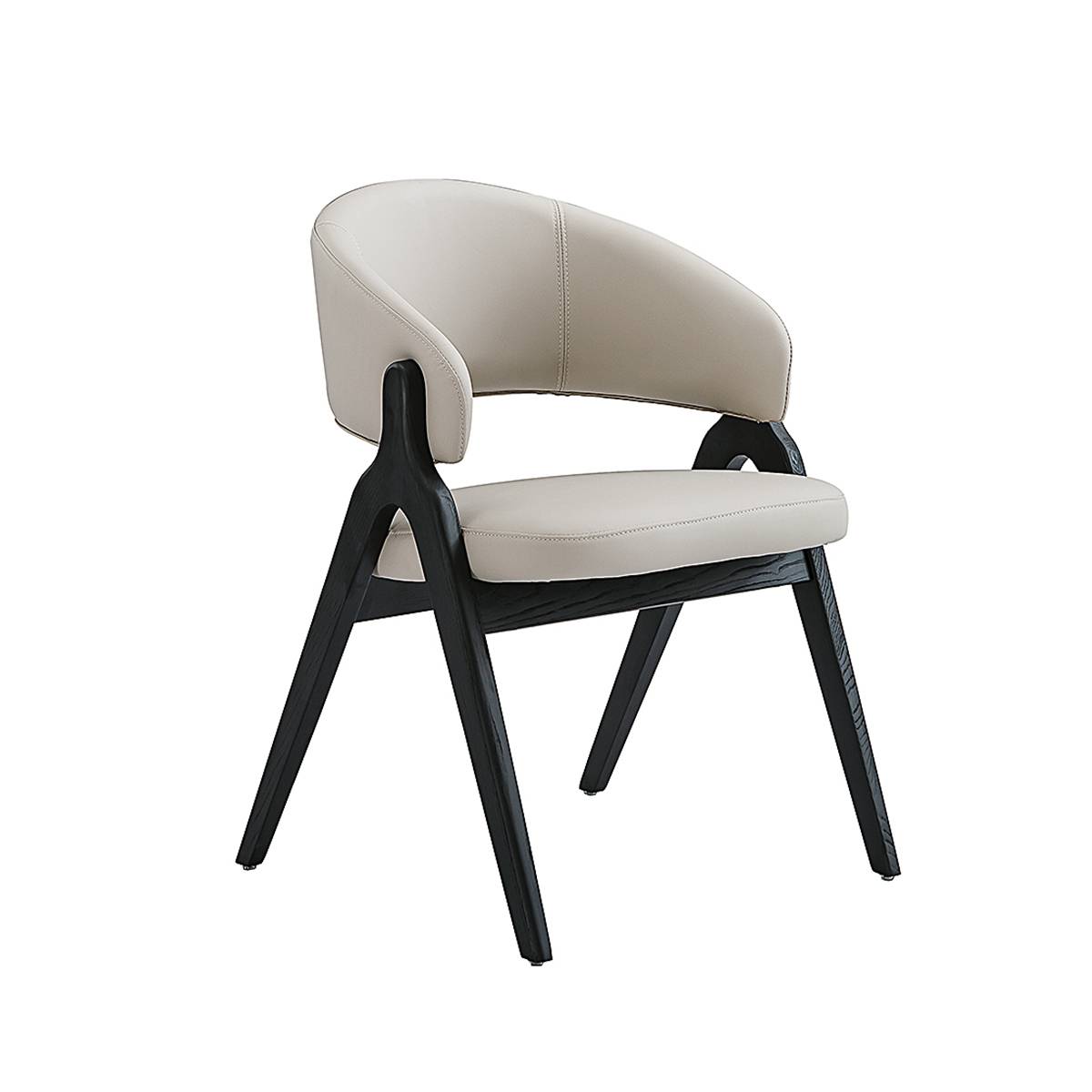 Side view of a beige-colored modern dining chair with a solid wood frame
