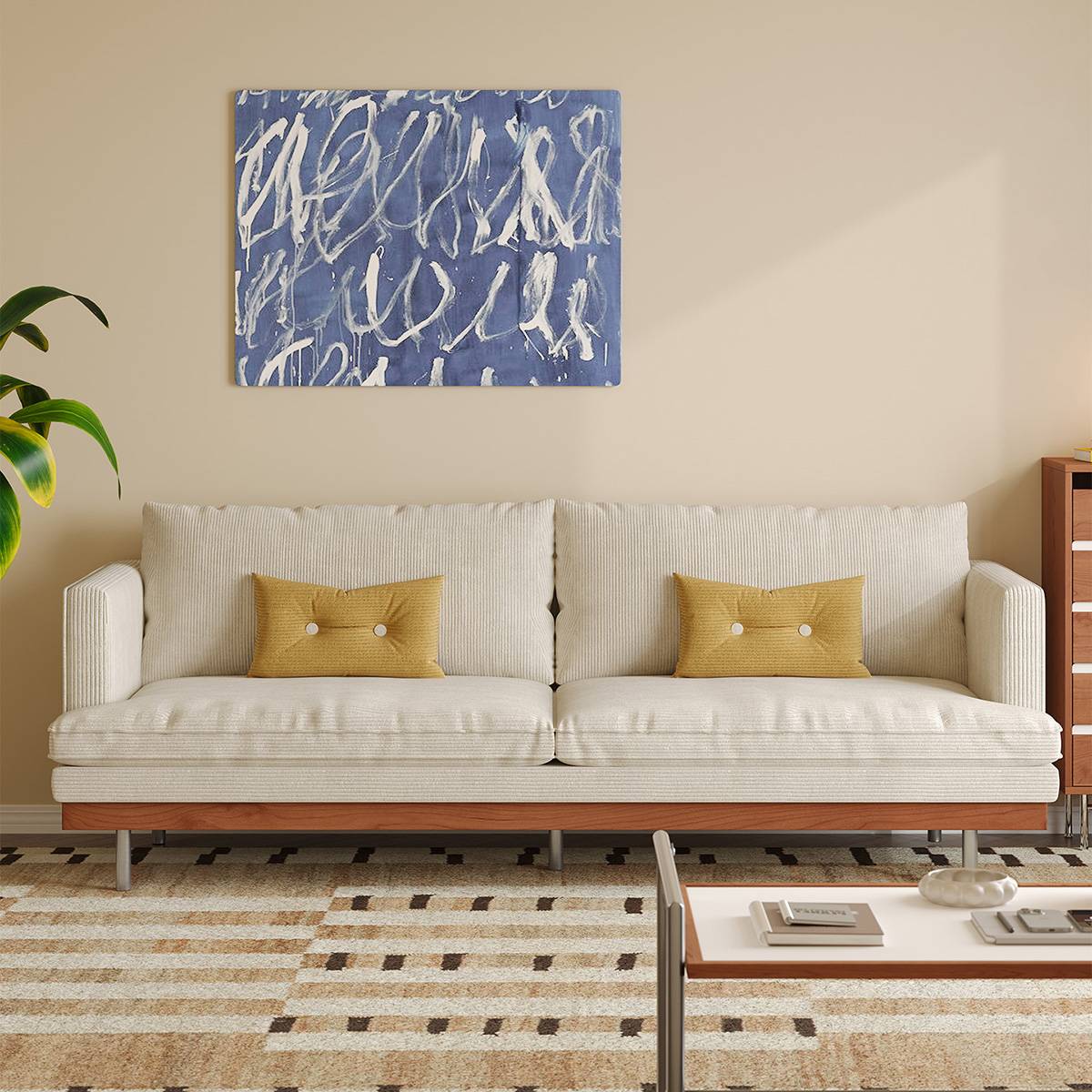 Front view of cream white corduroy sofa