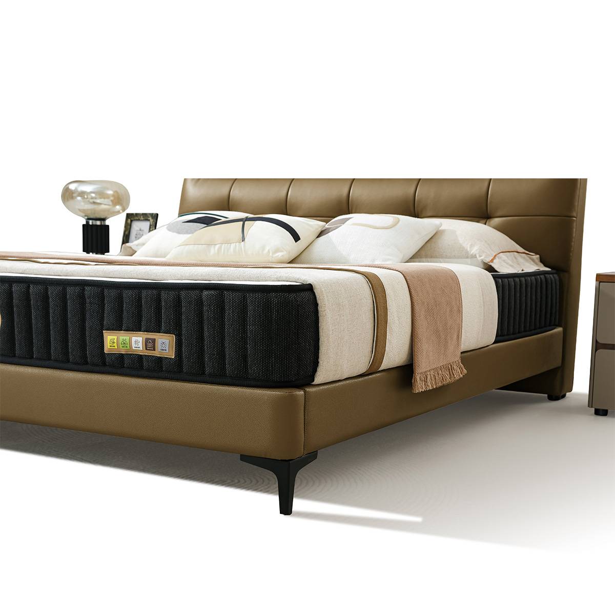Close-up side view of the bed frame and mattress