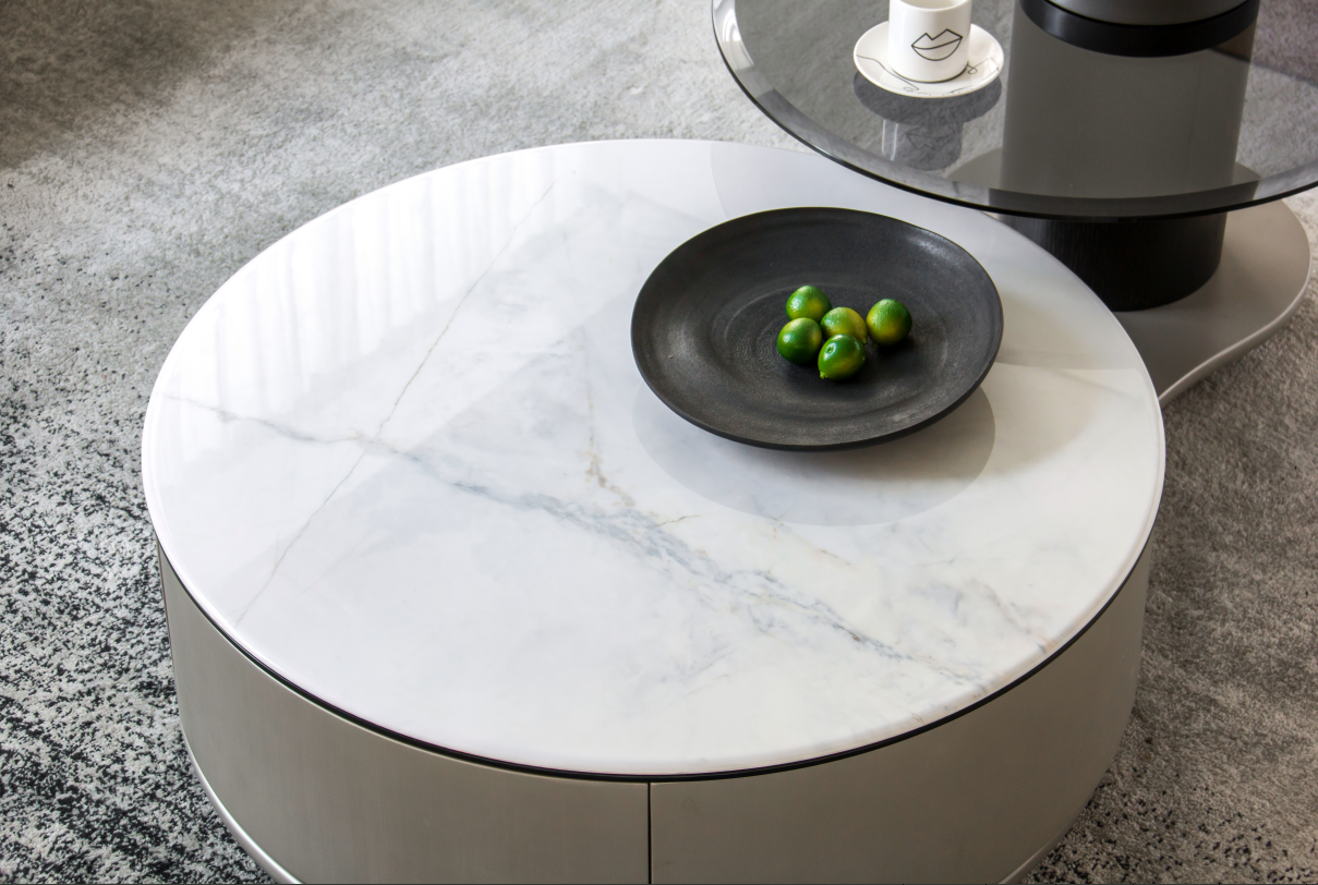 Top-down view of the coffee table with decorative bowl