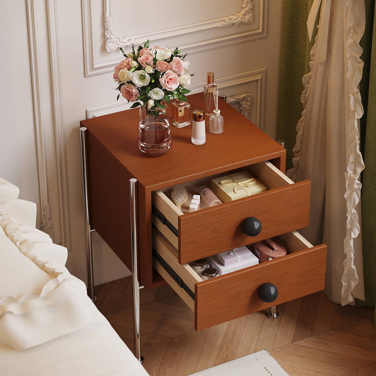 Close-up of the bedside table with both drawers open, revealing storage space and soft-close slides.