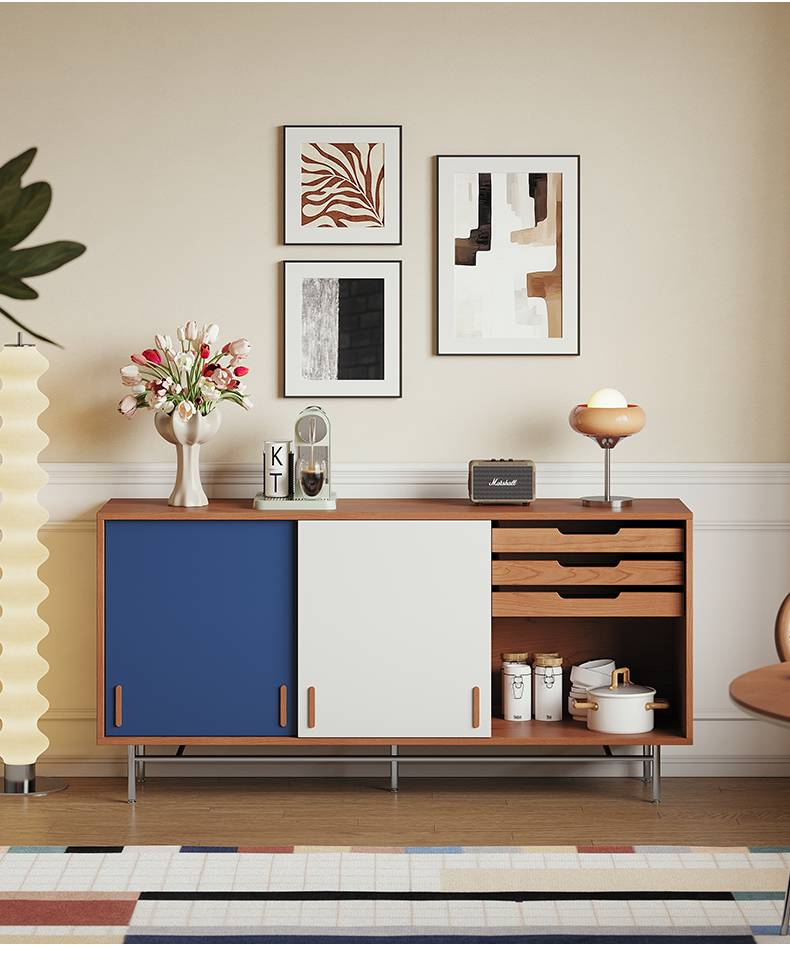 Full view of the sideboard with vintage, white, and blue color scheme