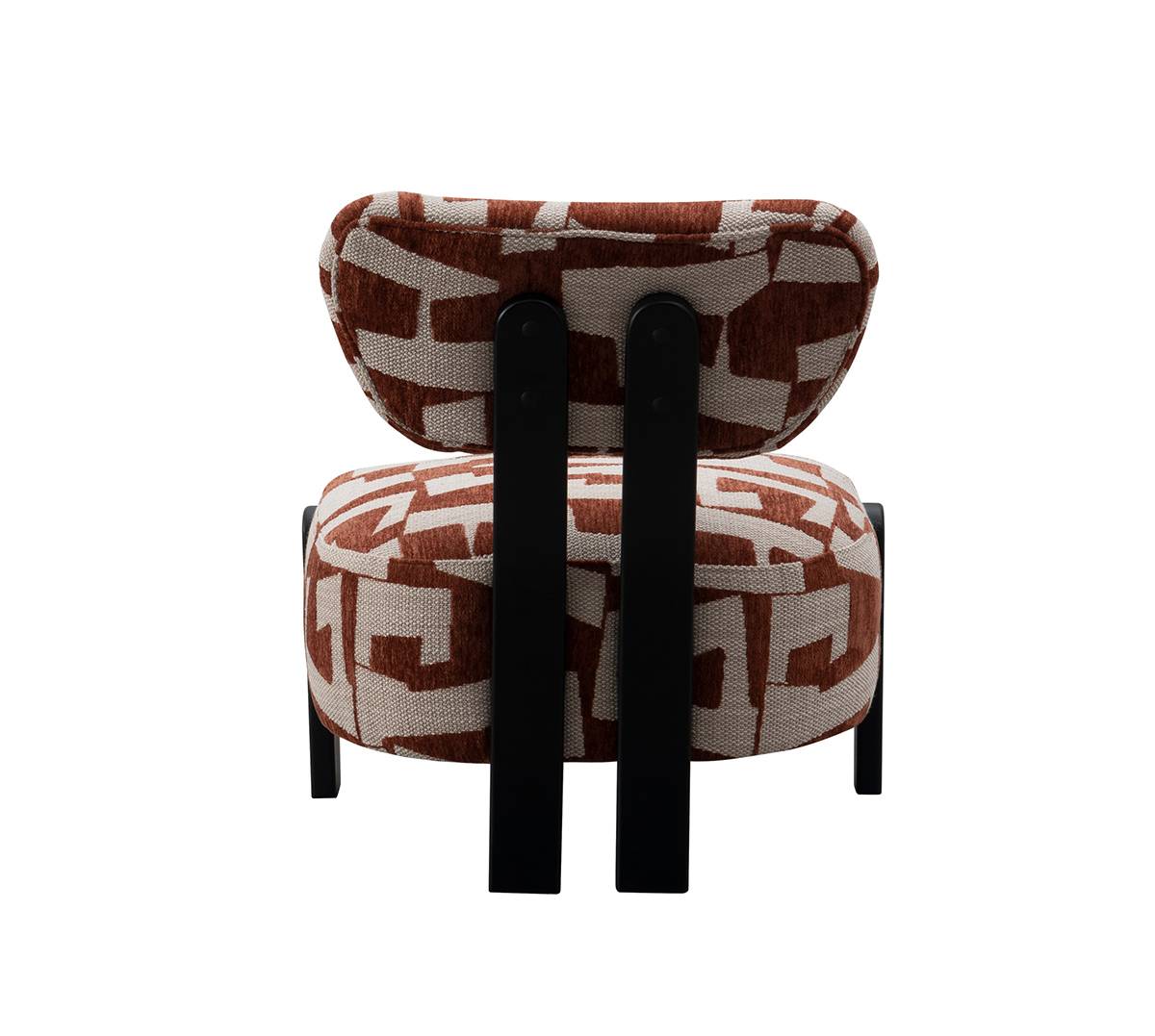 Three-quarter view of the olive green geometric pattern lounge chair