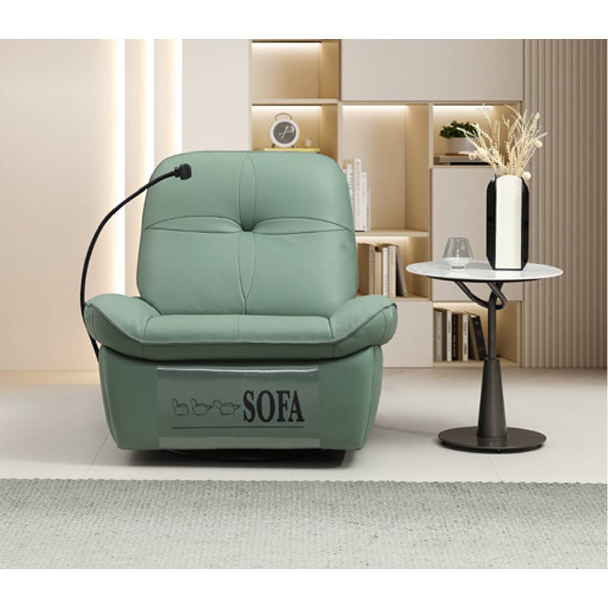 Front view of the green electric recliner chair in upright position