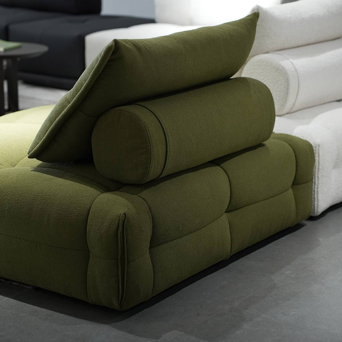 Close up of the backrest and cylindrical bolster pillow