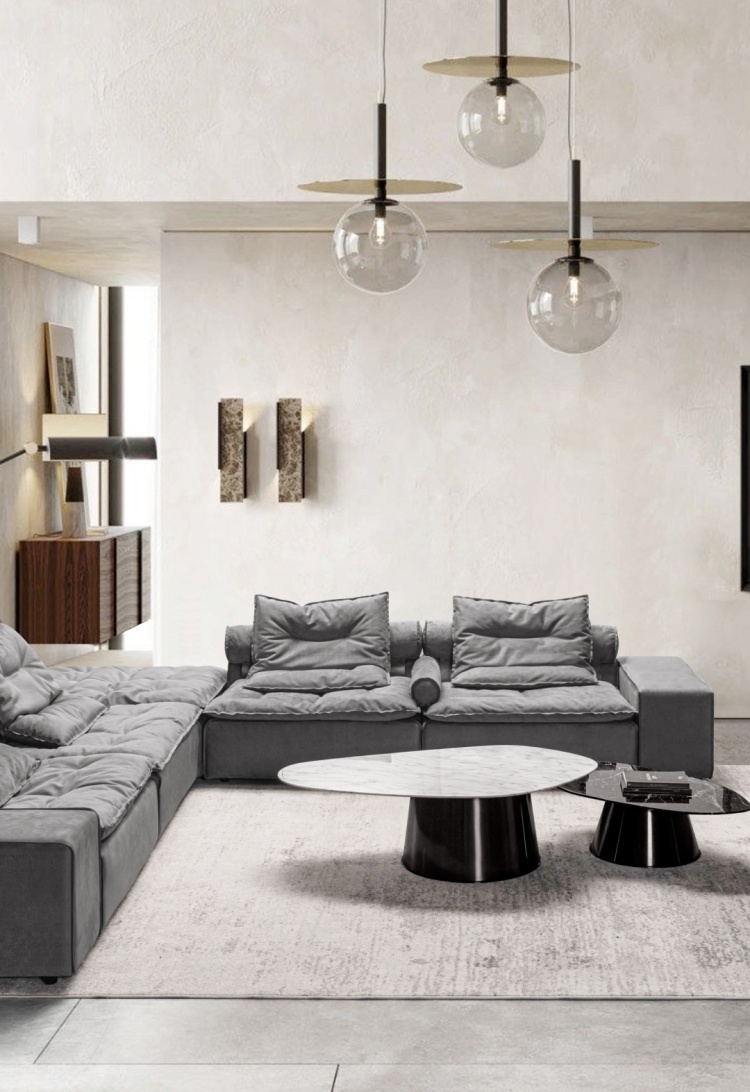 Miami sofa in a modern living room setting with marble coffee table