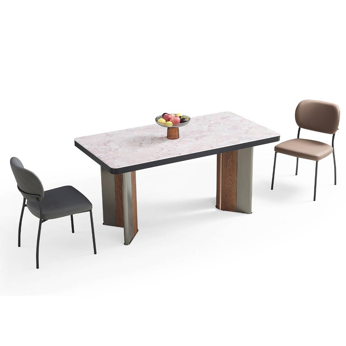 Angled view of the dining table with chairs and fruit bowl