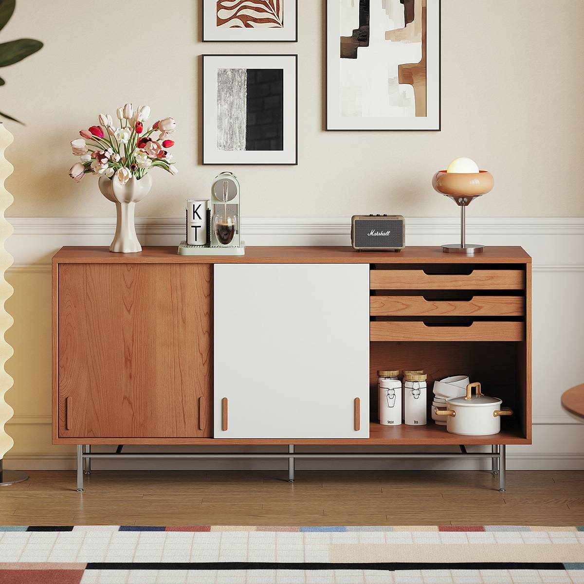Full view of the Bauhaus sideboard with sliding door and drawers