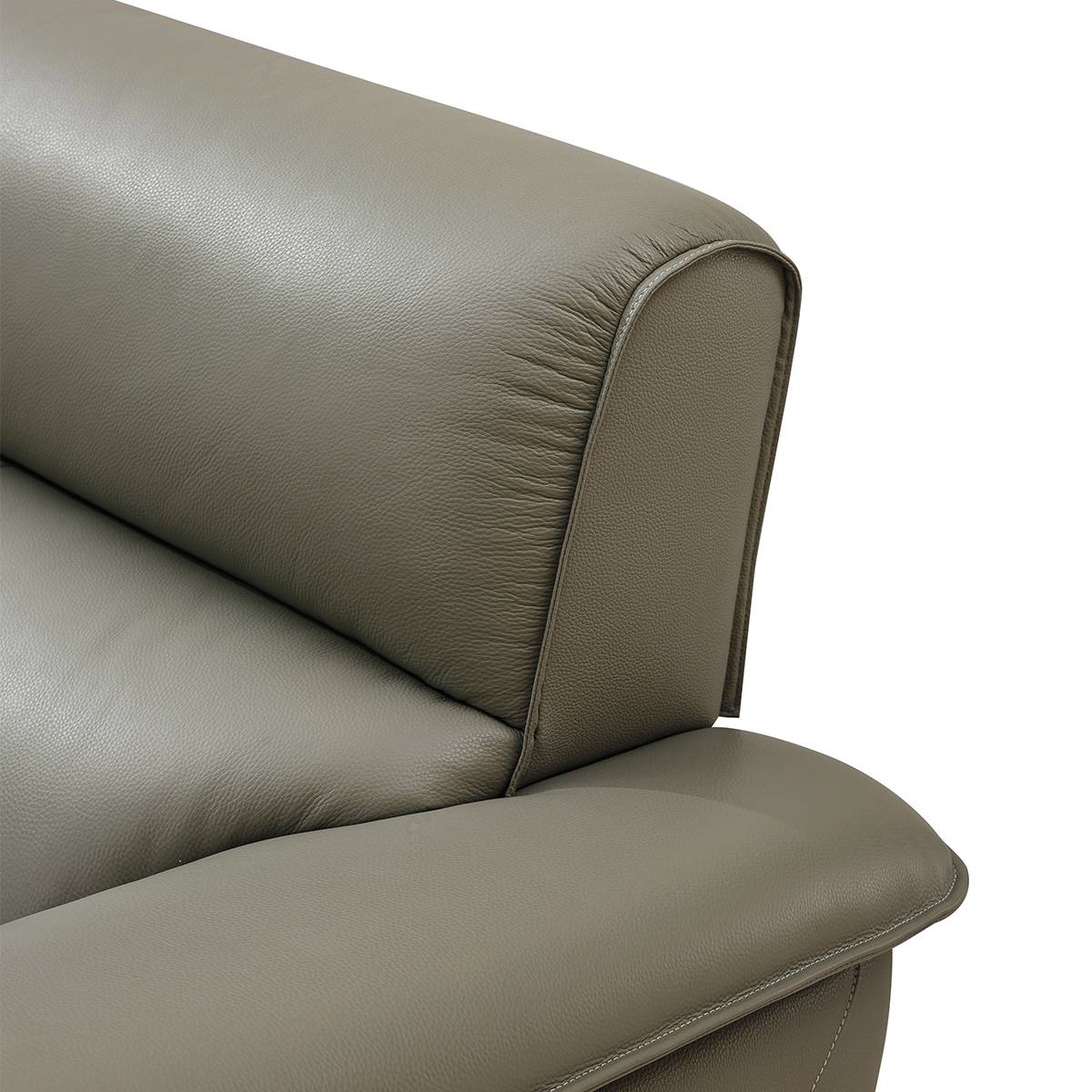 Close-up detail of the sofa's armrest and backrest showing the leather texture and stitching.