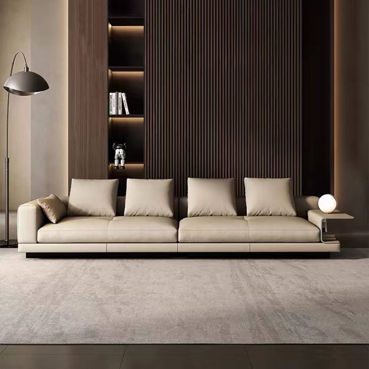 Front view of the 4-seater sofa against a dark slat wall, highlighting the cushions and side table feature.