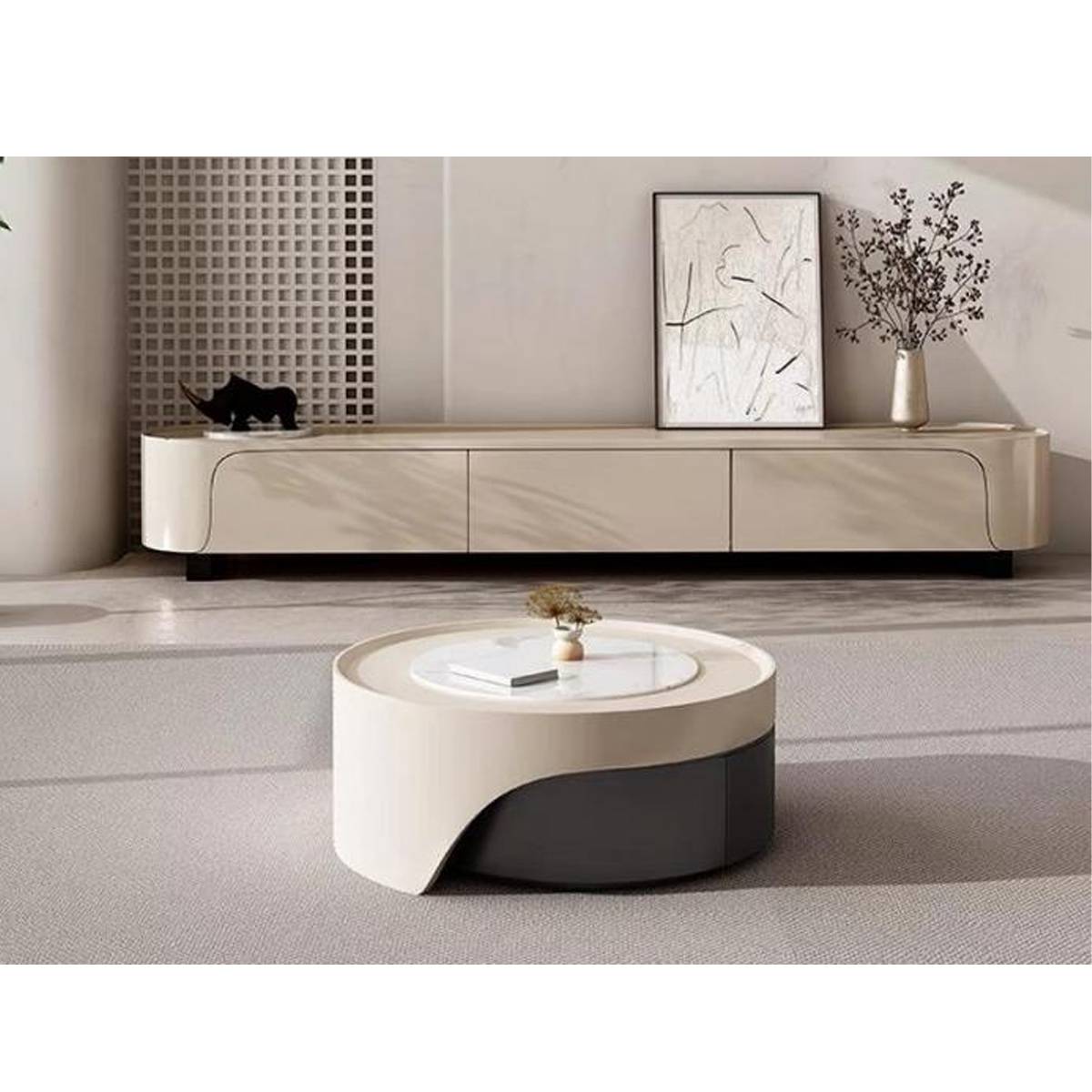 Side view of the modern coffee table showing the curved design and marble top