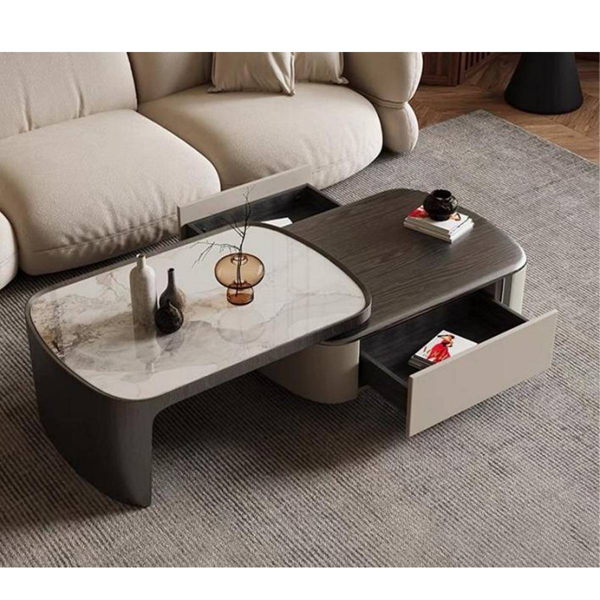 Coffee table with open drawer showing storage capacity