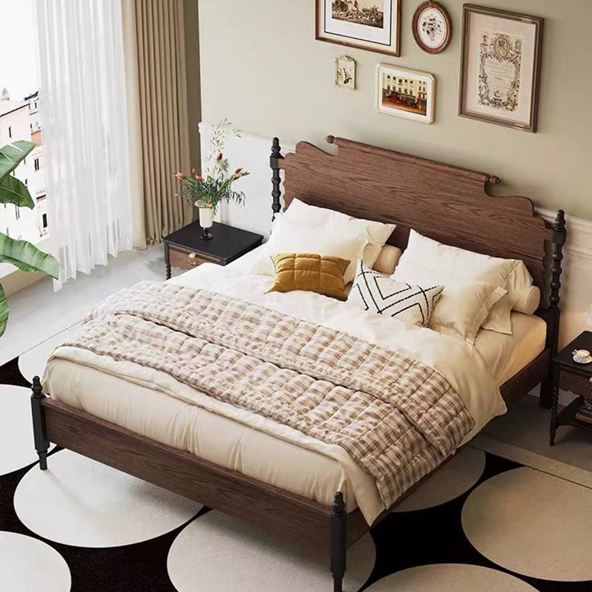 Close-up detail of the wooden headboard and black turned post
