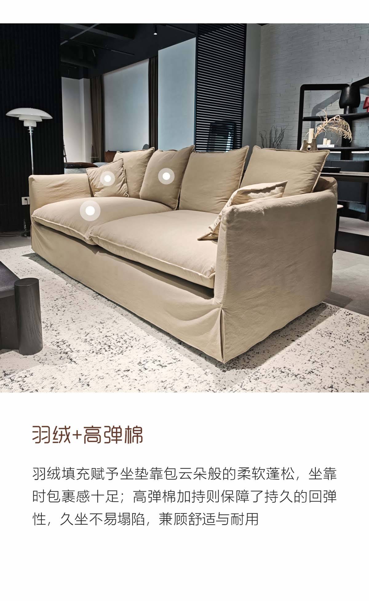 Side angle view of the sofa with text highlighting the 'Down + High-Resilience Cotton' filling.
