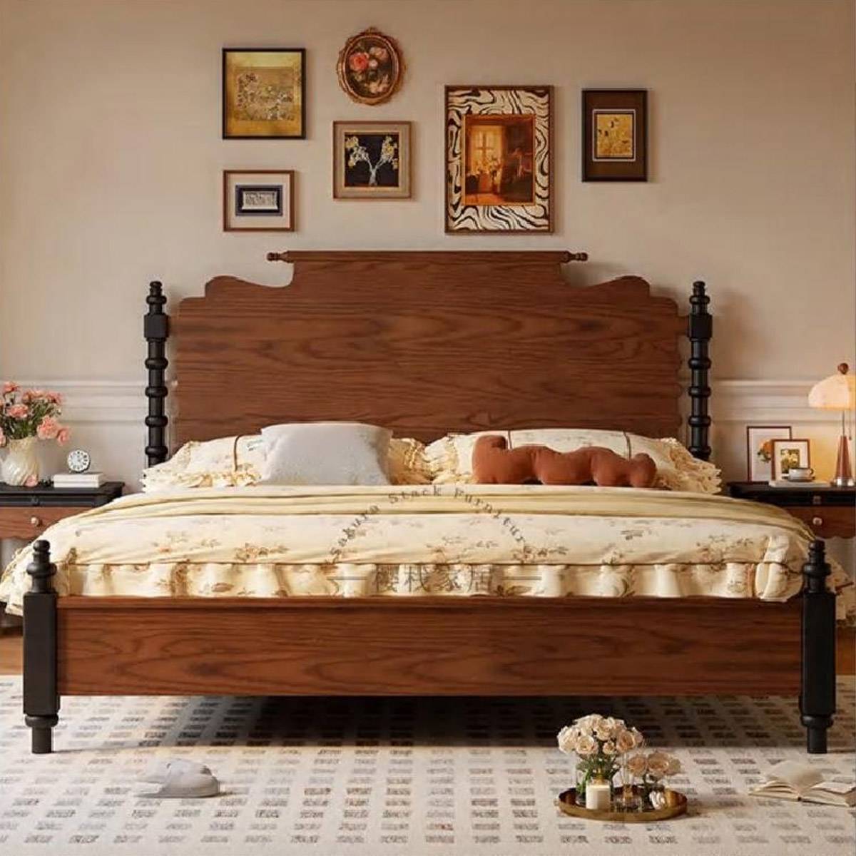 Front view of the mid-century style bed frame showing the headboard and footboard details