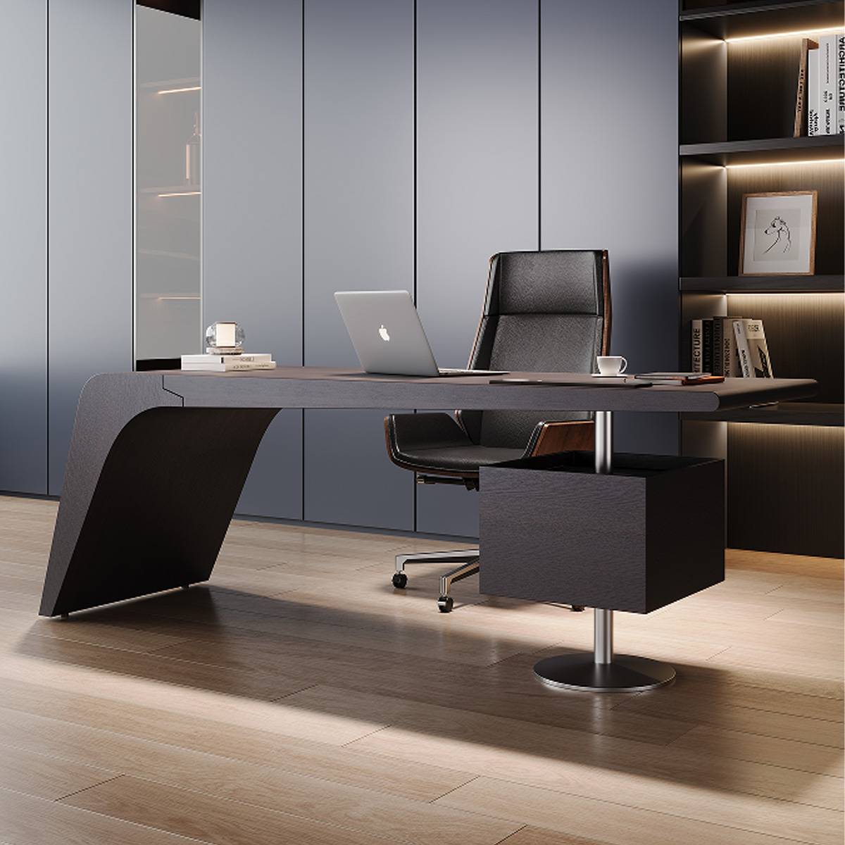 Side view of the desk highlighting the pedestal and drawer unit