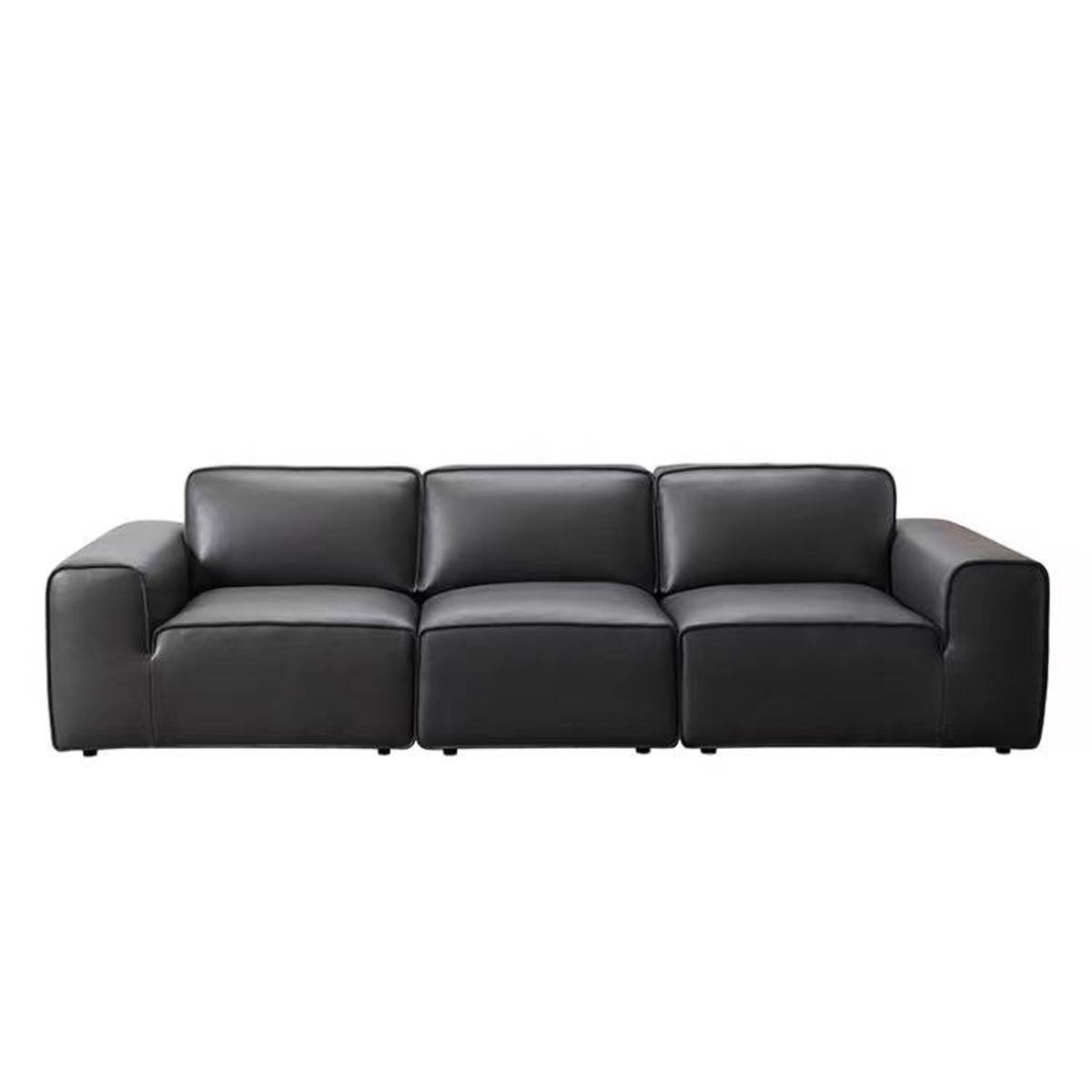 Front view of a black straight leather sofa against a white background