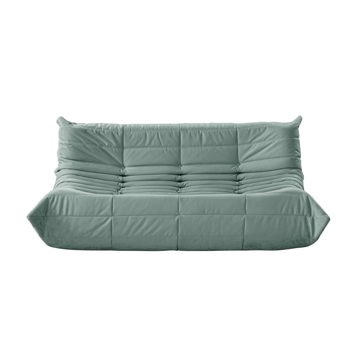 Front view of a green quilted straight-row sofa