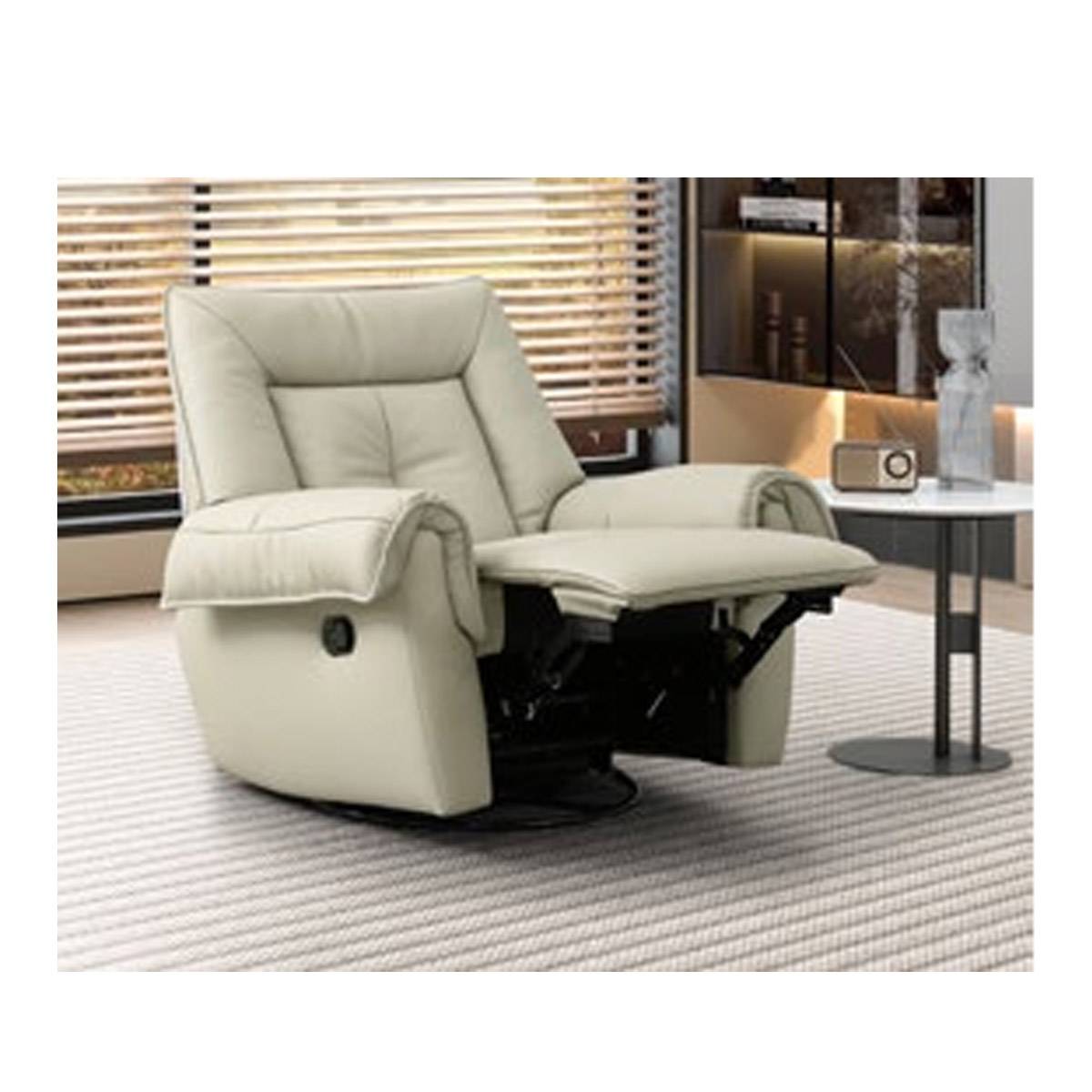 Side view of the recliner chair in a fully reclined position showing the extended footrest.