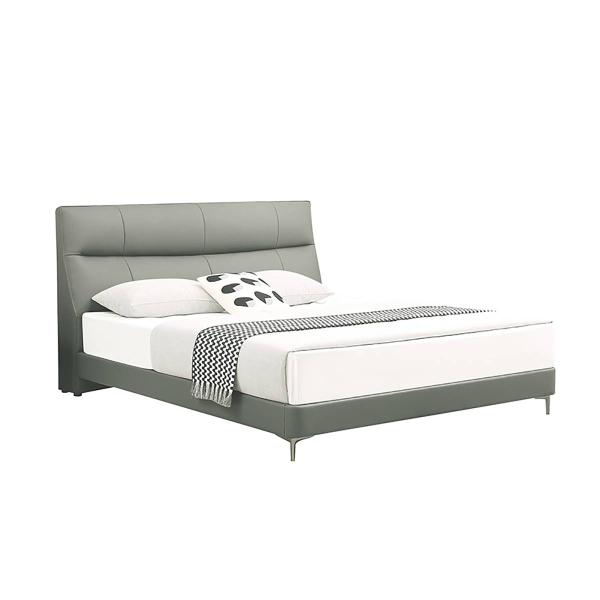Full view of the grey leather bed in a modern bedroom setting