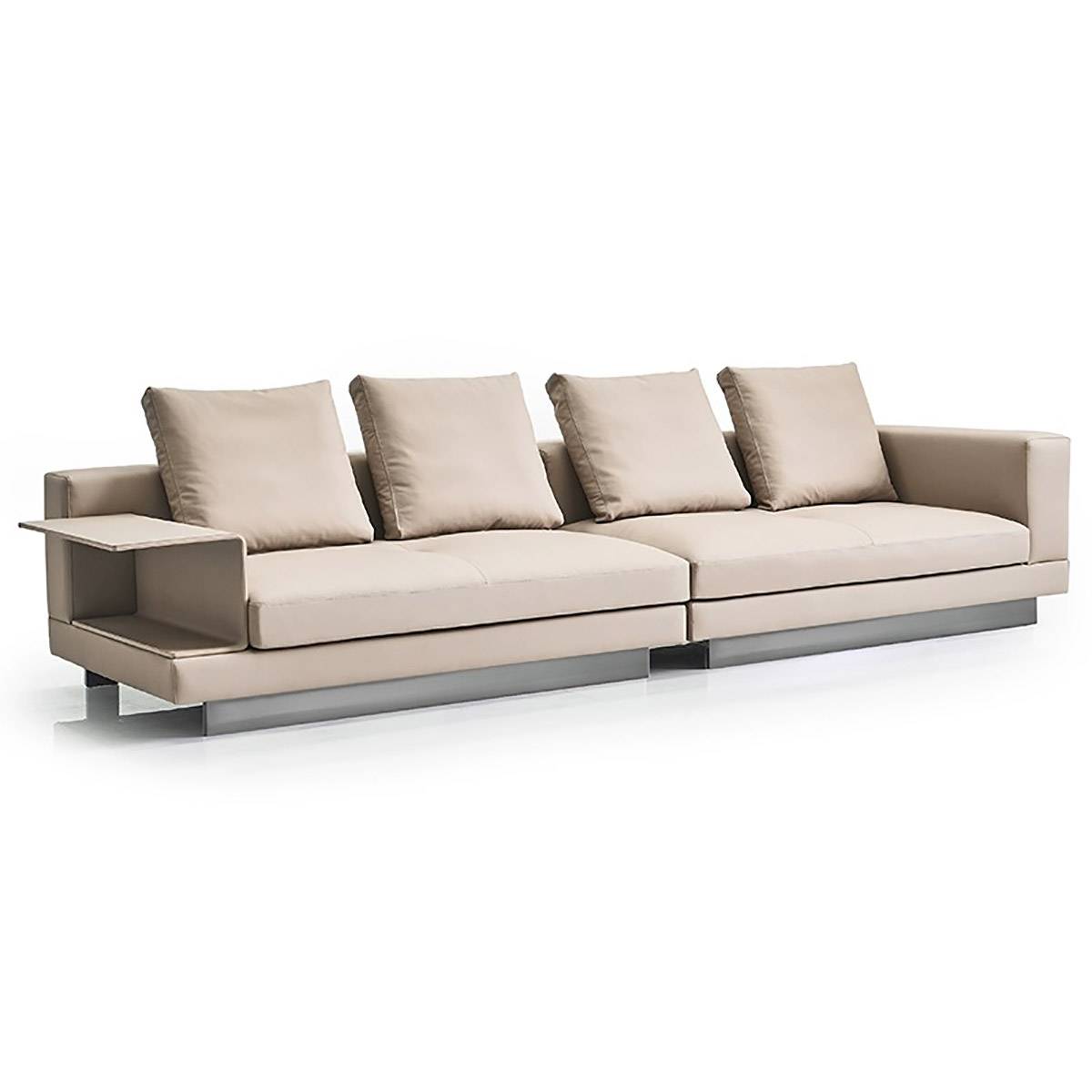 Side view of the beige sofa showing the integrated side table and stainless steel legs