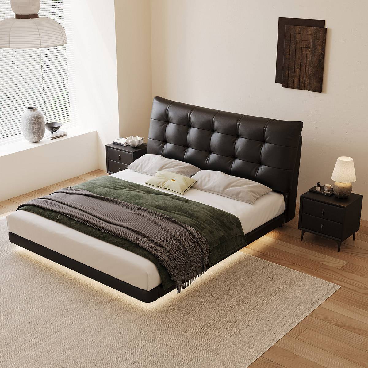 High angle view of black eco-leather floating bed with LED lighting