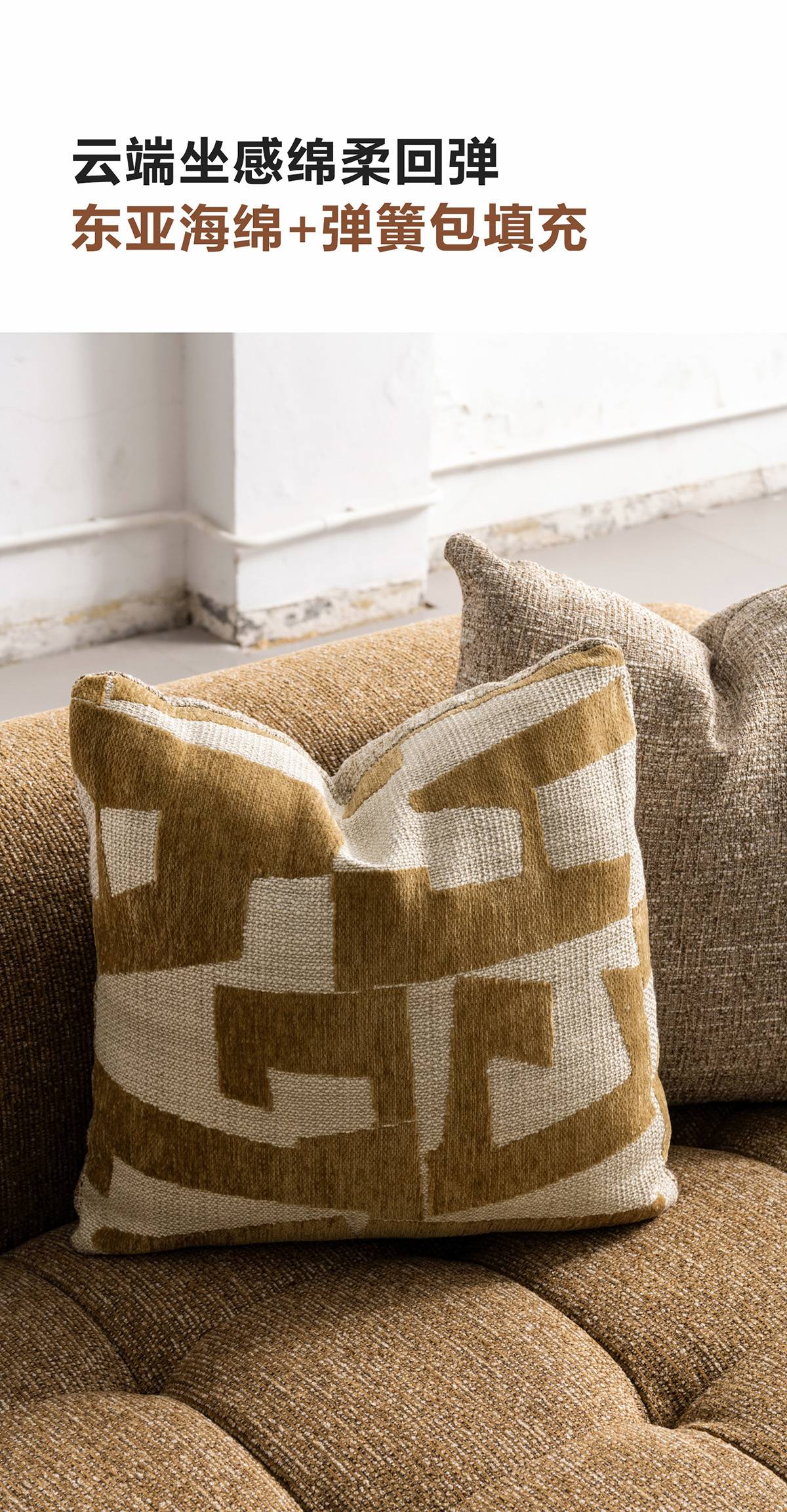 Close-up of the sofa seat and decorative pillow highlighting the soft texture